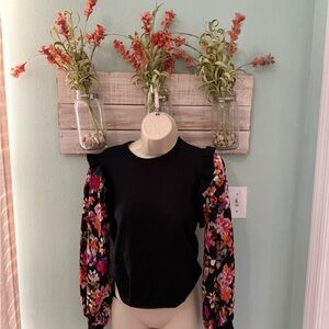 THML Black Boutique Sweater/Top with Multicolor Floral Sleeves